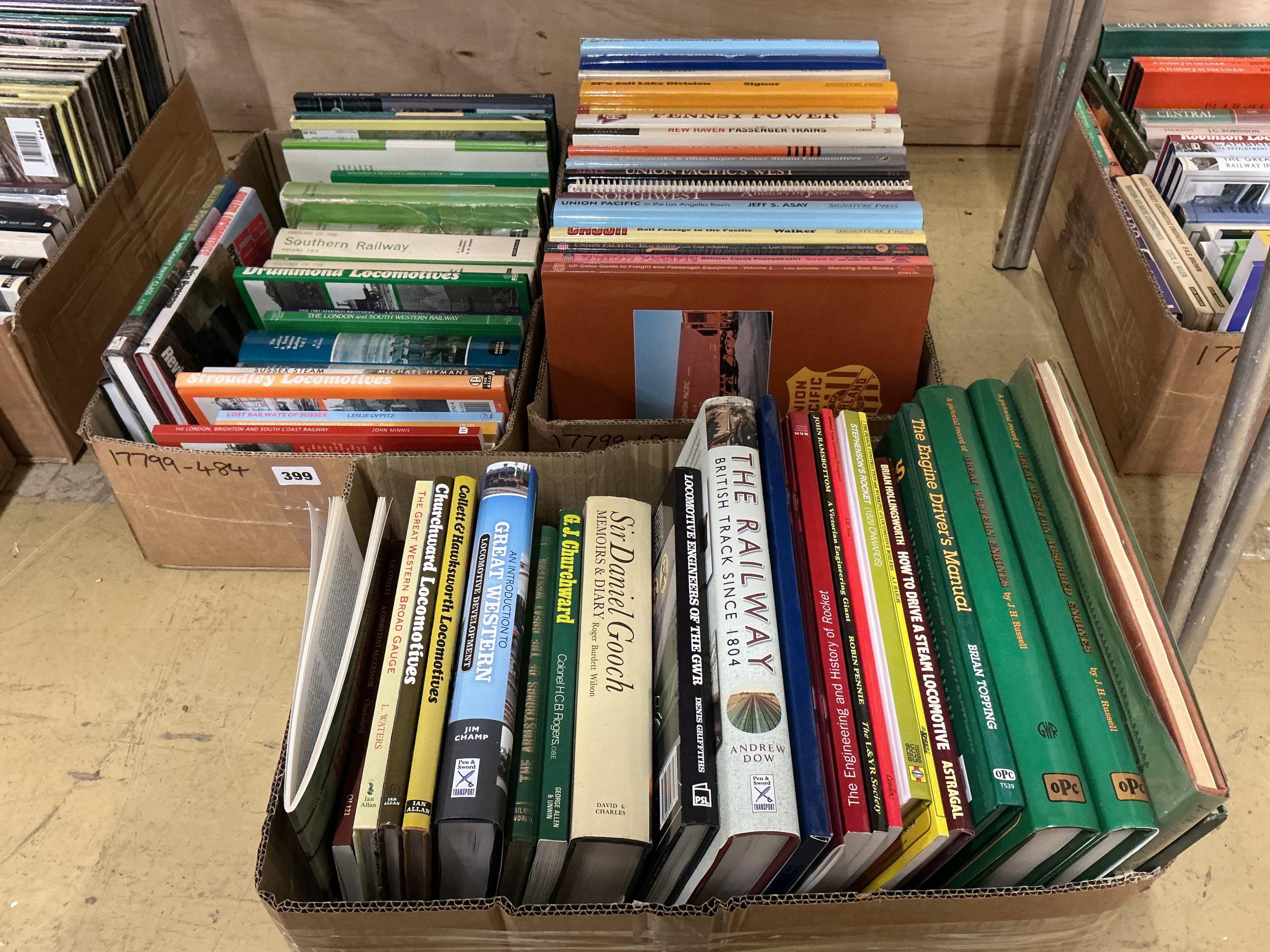 Three boxes of railway related books, subjects include; Stroudley Locomotives, Sussex Steam, the LSWR, Drummond Locomotives, the History of the Southern Railway, Sir Daniel Gooch, the Engine Driver’s Manual, A Pictorial